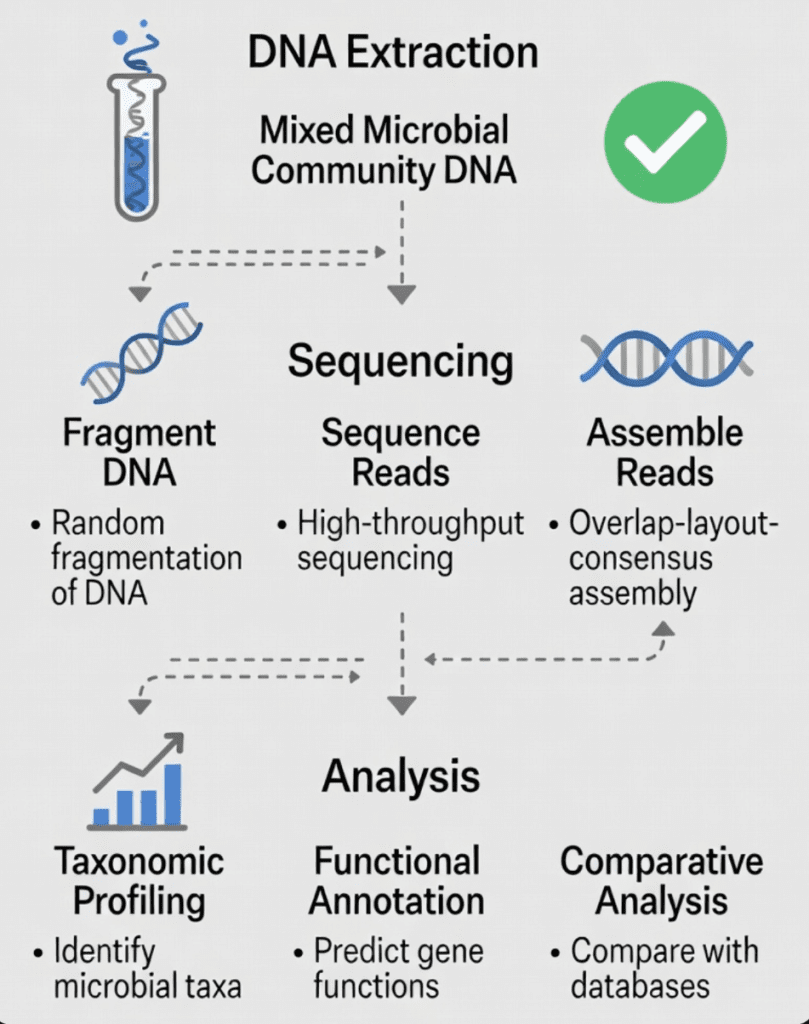 Diagram illustrating how shotgun metagenomics sequencing captures all microbial DNA, not just 16S regions