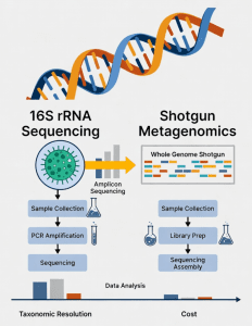 Illustration comparing 16S rRNA gene sequencing and shotgun metagenomics sequencing workflows