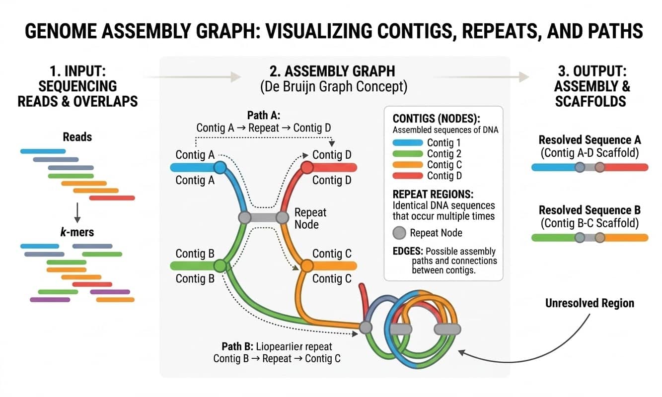 Genome assembly graph showing overlaps between long sequencing reads