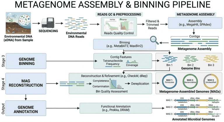 Metagenome assembly pipeline from environmental DNA sequencing reads to metagenome assembled genomes