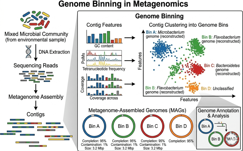 Genome binning process grouping assembled contigs into metagenome assembled genomes