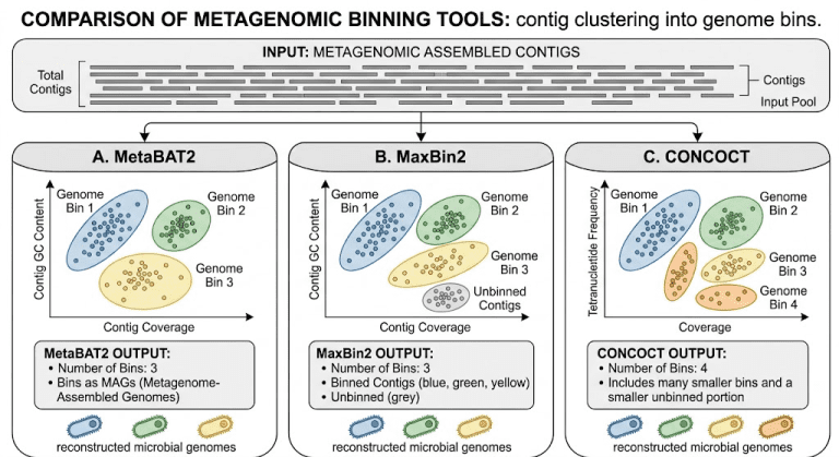 Metagenomic Binning Tools Compared: MetaBAT2 vs MaxBin2 vs CONCOCT