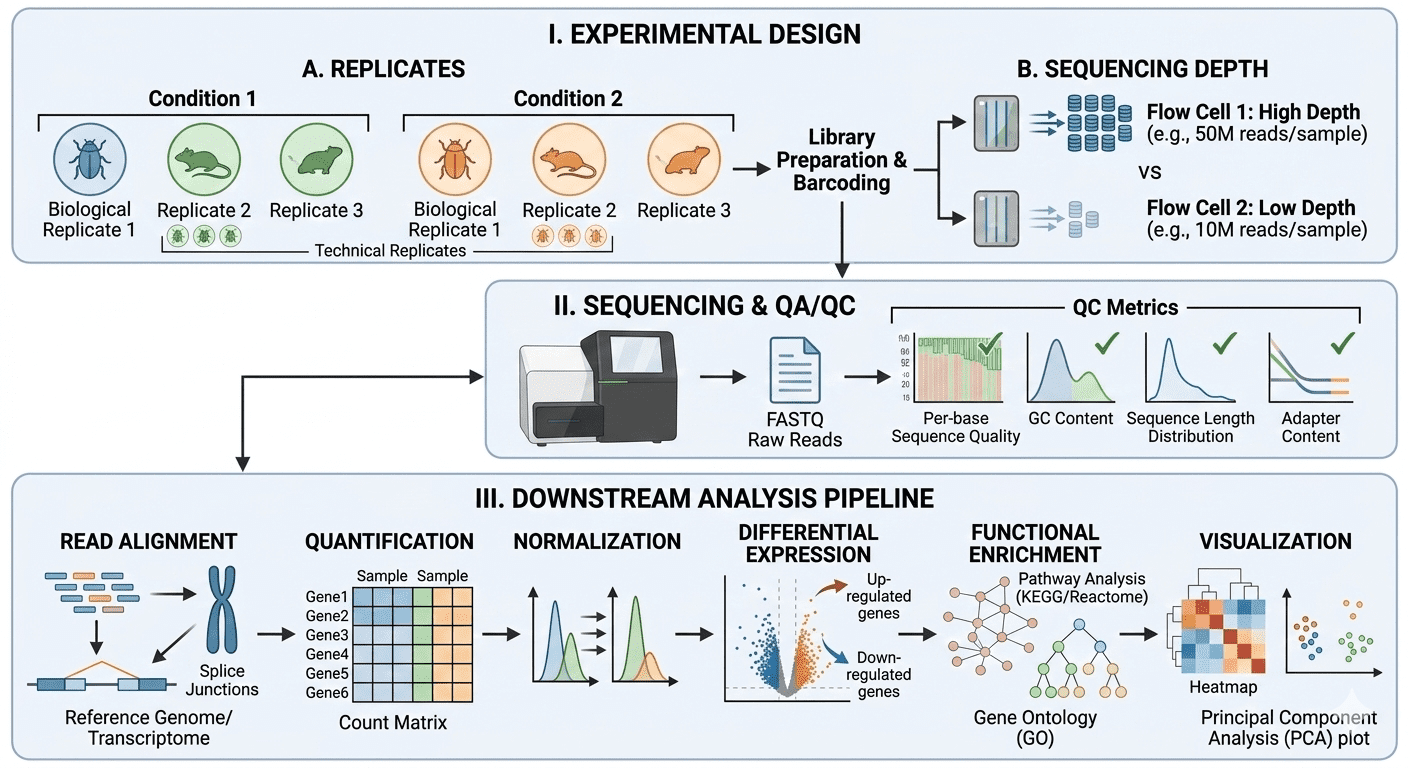 RNA sequencing experimental design including replicates and sequencing depth