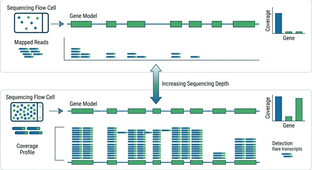 RNA-seq sequencing depth concept showing increasing read coverage across genes
