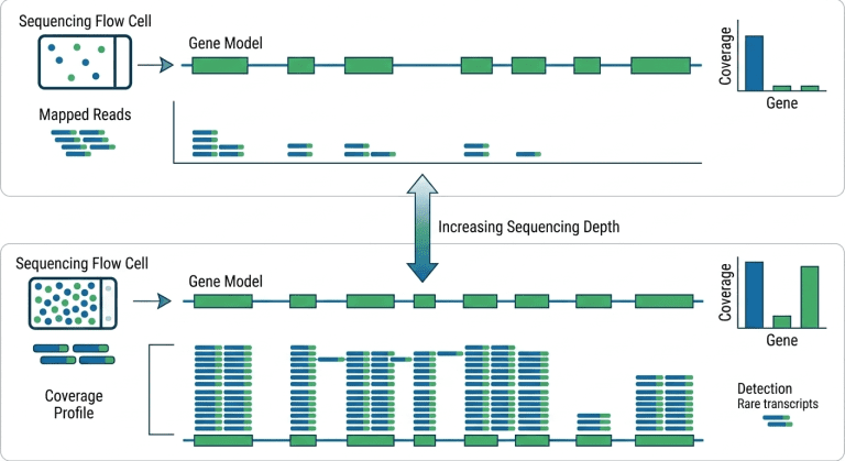 RNA-seq sequencing depth concept showing increasing read coverage across genes