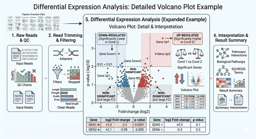 Volcano plot showing significantly upregulated and downregulated genes in RNA-seq analysis