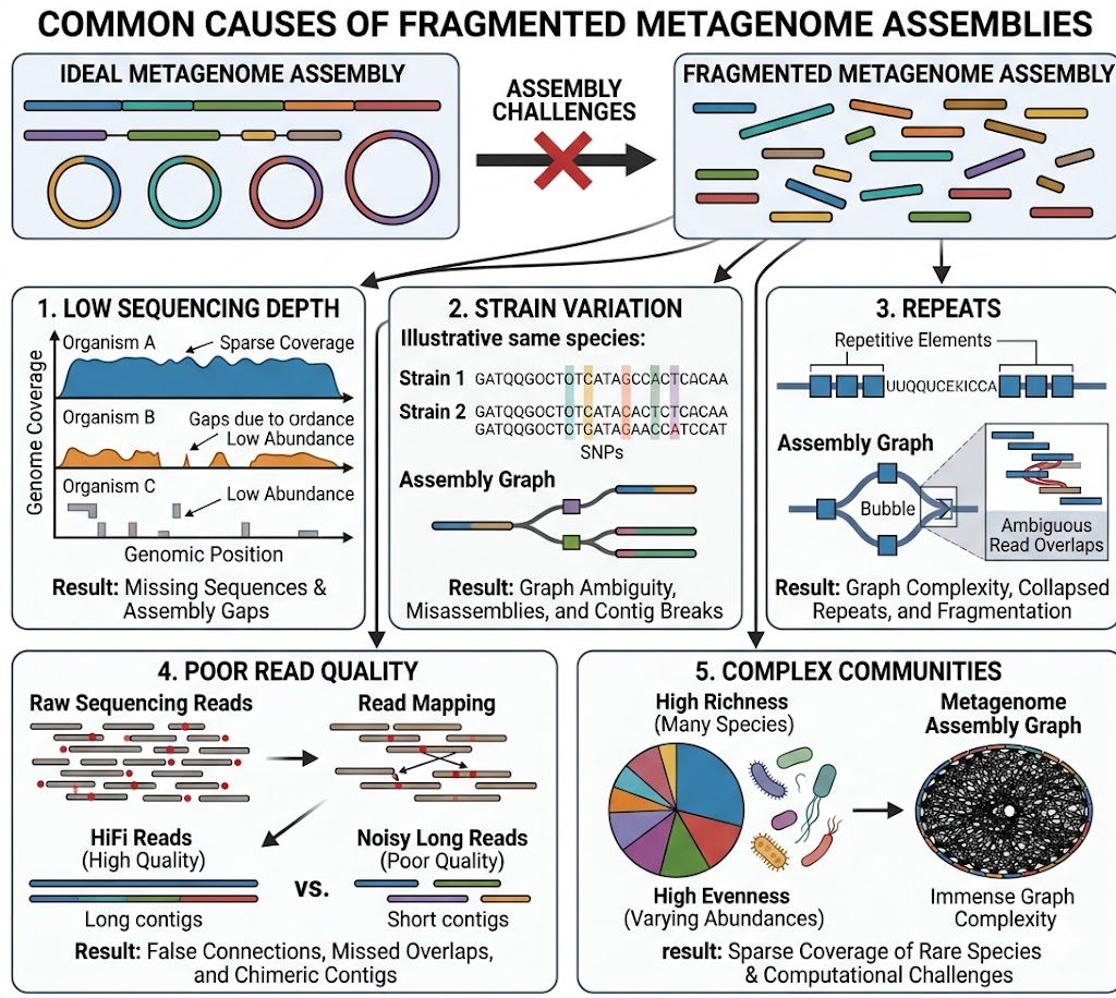 Causes of Fragmented Metagenome Assembly