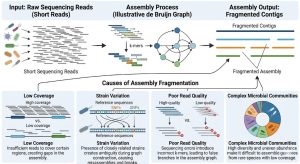 Diagram showing fragmented metagenome assembly with short reads, multiple contigs, low coverage regions, and microbial community complexity.