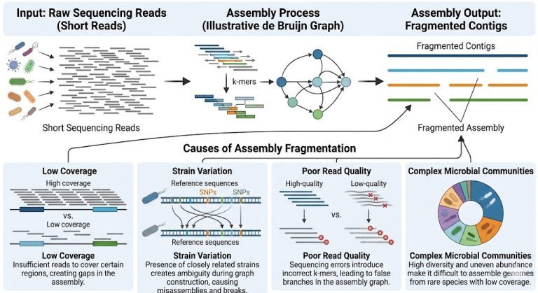 Diagram showing fragmented metagenome assembly with short reads, multiple contigs, low coverage regions, and microbial community complexity.