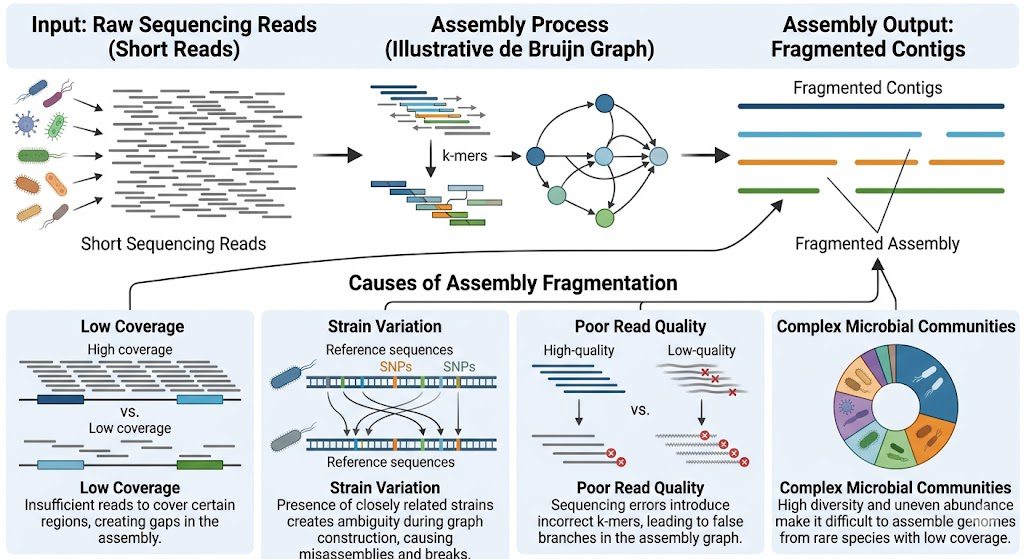 Diagram showing fragmented metagenome assembly with short reads, multiple contigs, low coverage regions, and microbial community complexity.