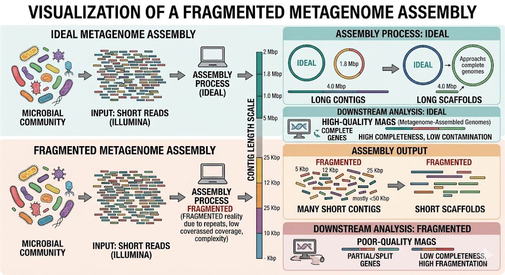 Visualization of a fragmented metagenome assembly showing many short contigs instead of long contiguous genome sequences.