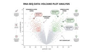 Volcano plot showing differentially expressed genes with log2 fold change on the x-axis and statistical significance on the y-axis.