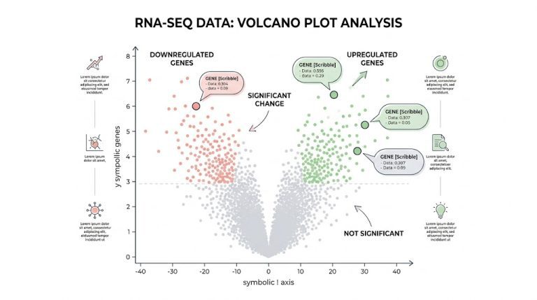 Volcano plot showing differentially expressed genes with log2 fold change on the x-axis and statistical significance on the y-axis.