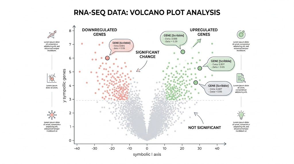 Volcano plot showing differentially expressed genes with log2 fold change on the x-axis and statistical significance on the y-axis.